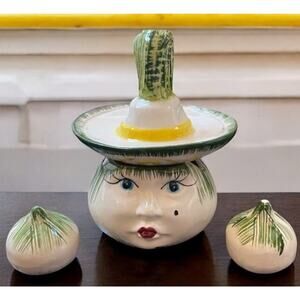Vtg Arias Green Onion Lady Head Salsa Jam Jar Anthropomorphic Salt Shaker Set